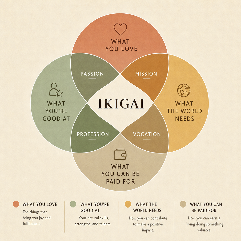 Ikigai diagram: the intersection of what you love, what you're good at, what the world needs, and what you can be paid for